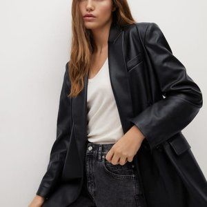 Mango Leather-effect double-breasted suit jacket